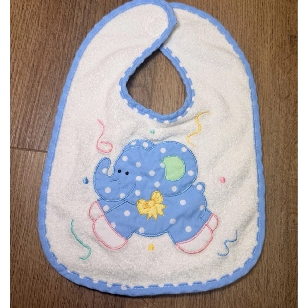 Vintage Baby Bib Blue Elephant Polka‎ Dot Terry Cloth Retro Nursery Babycore